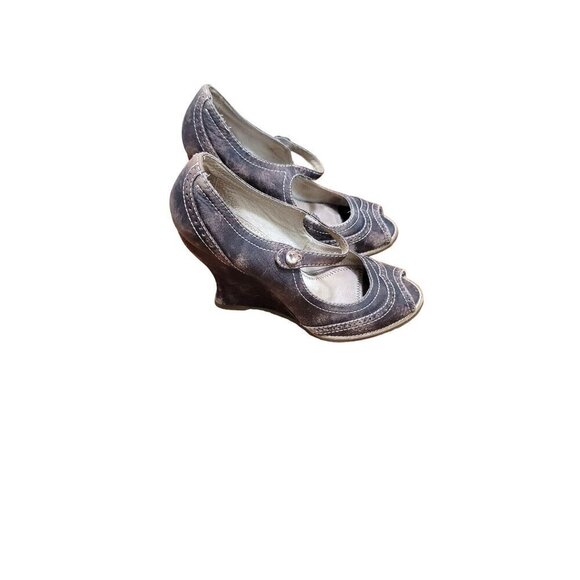 Vintage Seychelles Brown Leather Plataforma  wedge distressed Peep-Toe Mary Jane - Picture 2 of 12